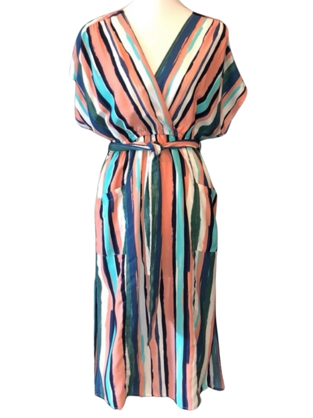Lost + Wander Striped Midi Dress with Pockets in Coral, Teal, Navy & White